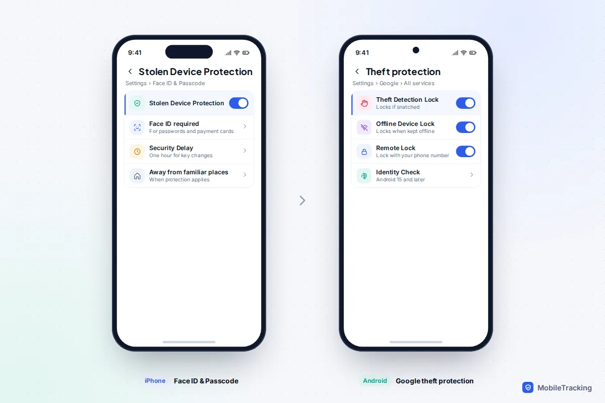 Side by side: iPhone Stolen Device Protection settings and Android Theft protection settings with Theft Detection Lock on