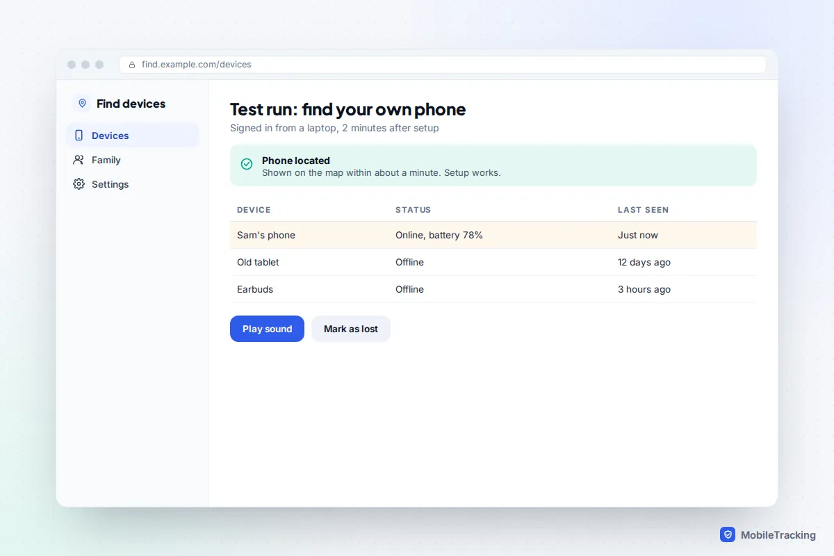 Browser page listing devices, with the owner's phone shown online and located, and Play sound and Mark as lost buttons