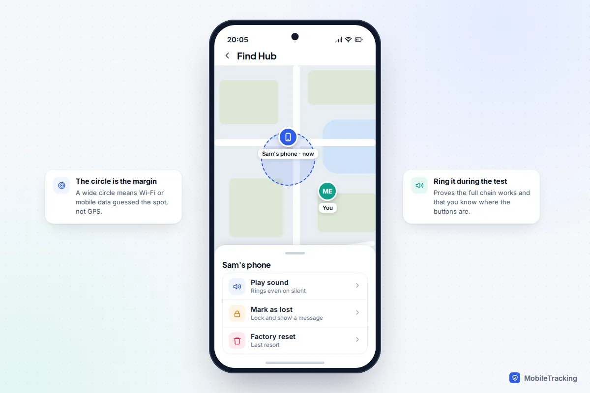 Find Hub map on a phone showing a located device with a blue accuracy circle and Play sound, Mark as lost and Factory reset options