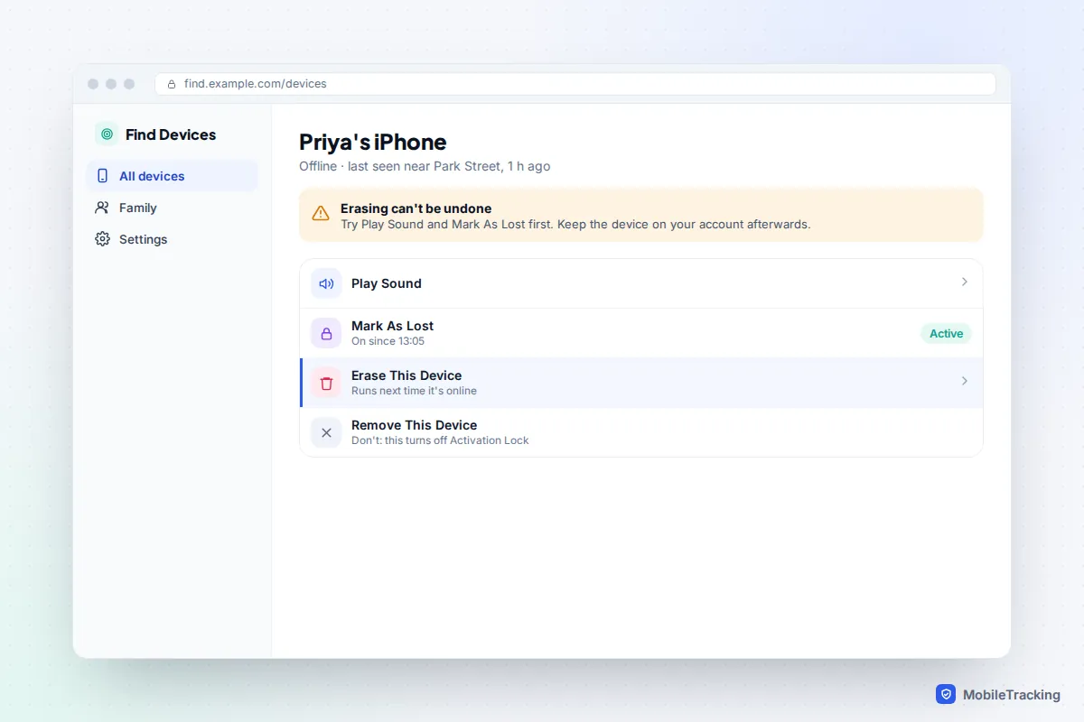Browser mockup of a Find Devices page for an offline iPhone with Play Sound, Mark As Lost, Erase This Device and Remove This Device options