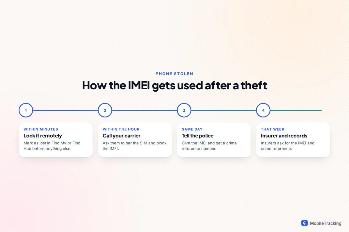 Timeline of steps after a phone theft: lock it remotely, call the carrier to block the IMEI, report to police, then contact the insurer