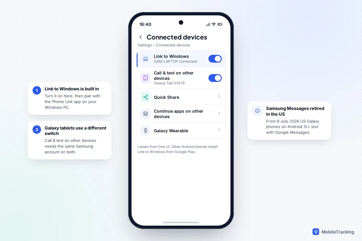 Samsung Connected devices settings with Link to Windows and Call and text on other devices both switched on