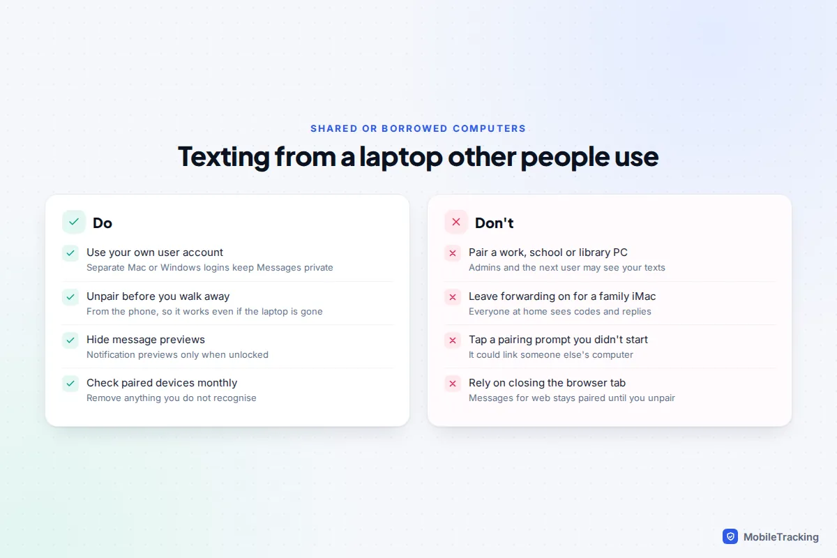 Do and don't comparison for texting from a shared laptop, covering user accounts, unpairing, previews and work computers