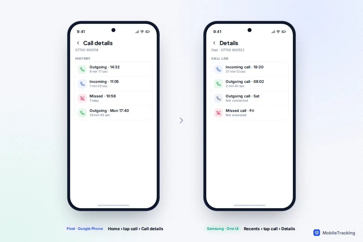 Two Android phones side by side showing call details with durations in the Google Phone app and the Samsung Phone app