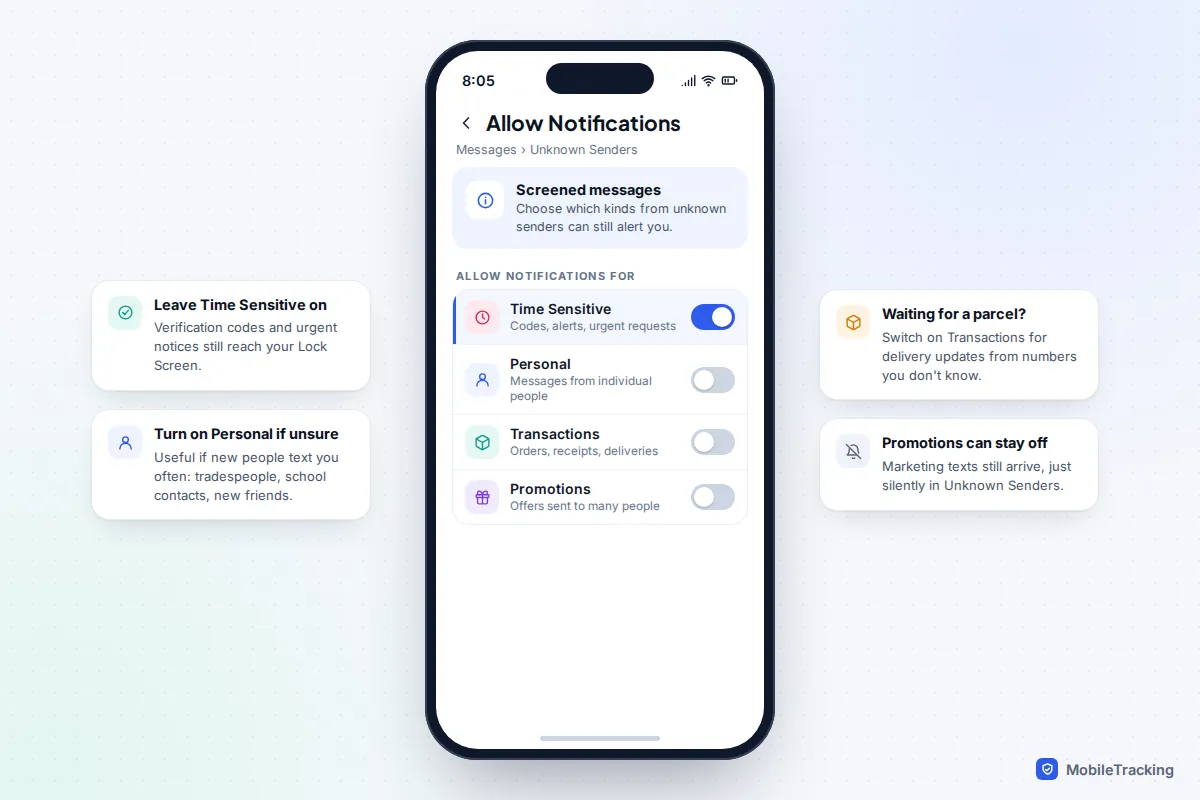 iPhone Allow Notifications screen for unknown senders with Time Sensitive on and Personal, Transactions and Promotions off