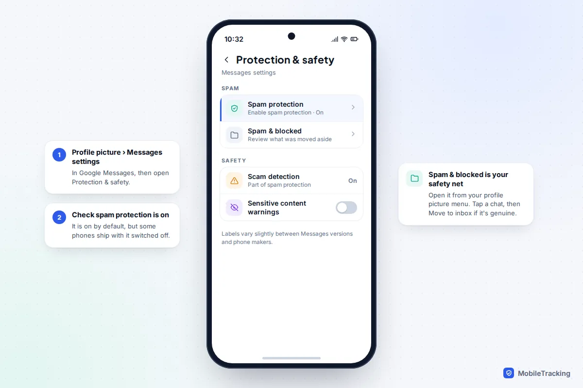 Google Messages Protection and safety settings with spam protection enabled and a Spam and blocked folder shortcut