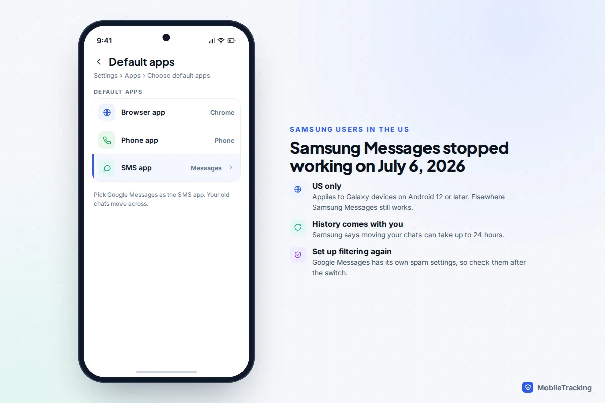 Samsung default apps screen with SMS app highlighted, next to notes on the US shutdown of Samsung Messages