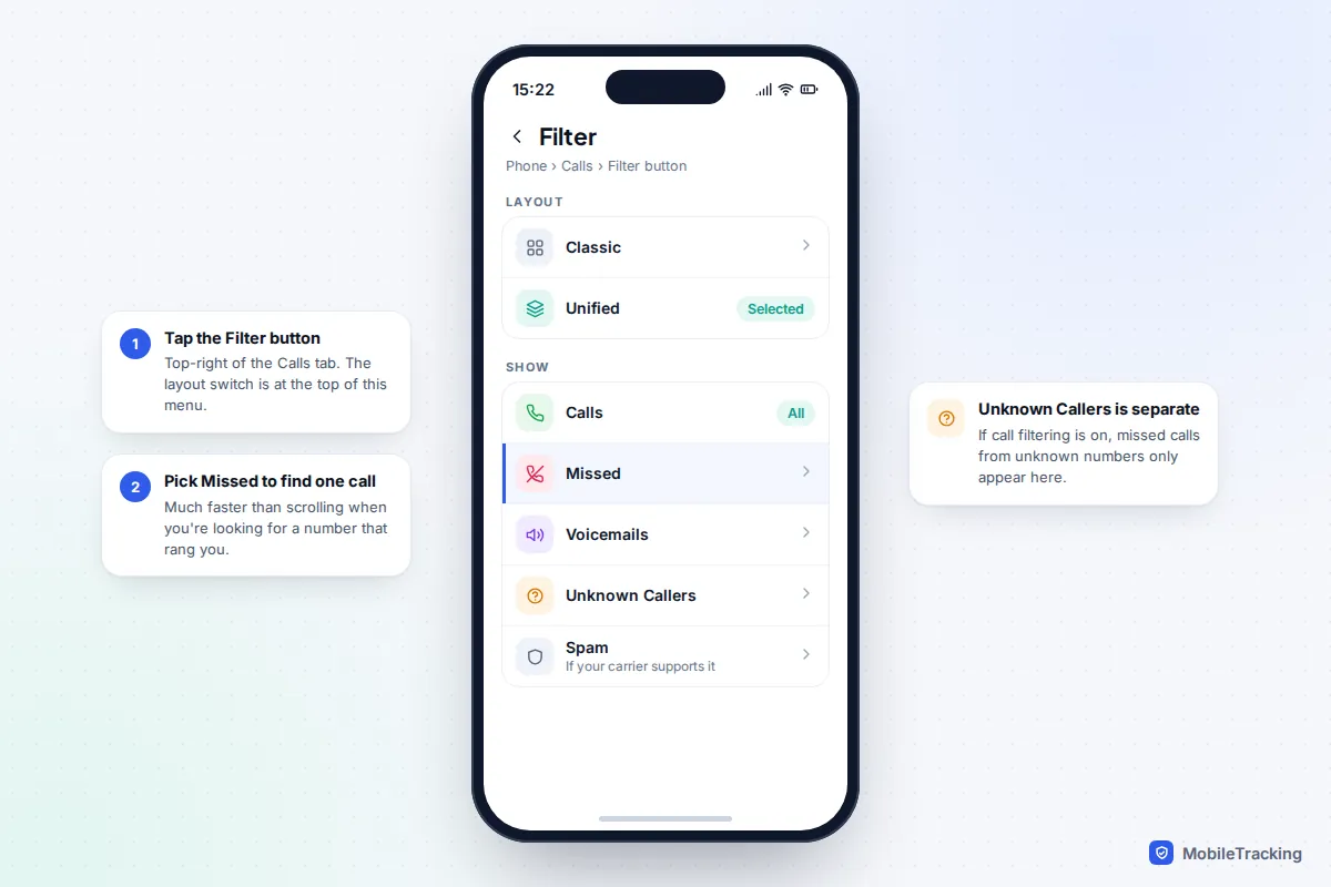 Phone app Filter menu showing Classic and Unified layout options and filters for Missed, Voicemails, Unknown Callers and Spam