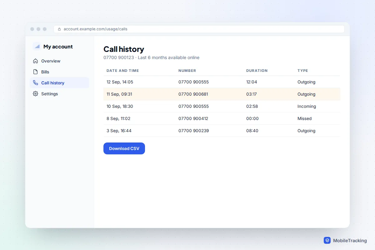 Example mobile carrier account page listing calls with date and time, number, duration and type, with a download option