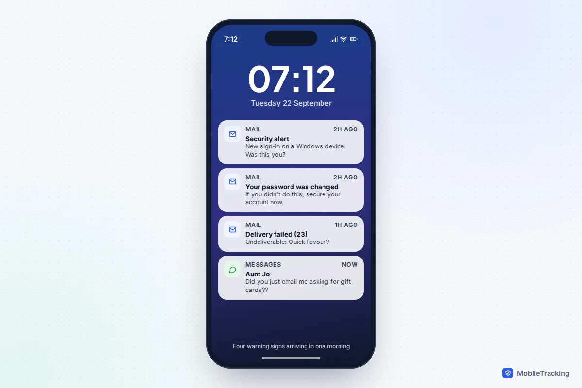 Phone lock screen showing a new sign-in alert, a password changed email, bounced messages and a text from a relative about a gift card request