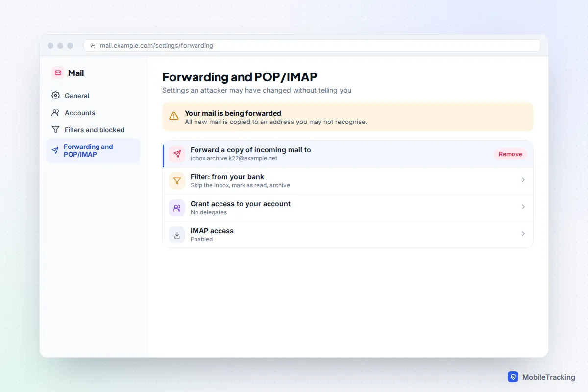 Mail settings page showing forwarding to an unfamiliar address, a filter that archives bank emails, and IMAP access enabled