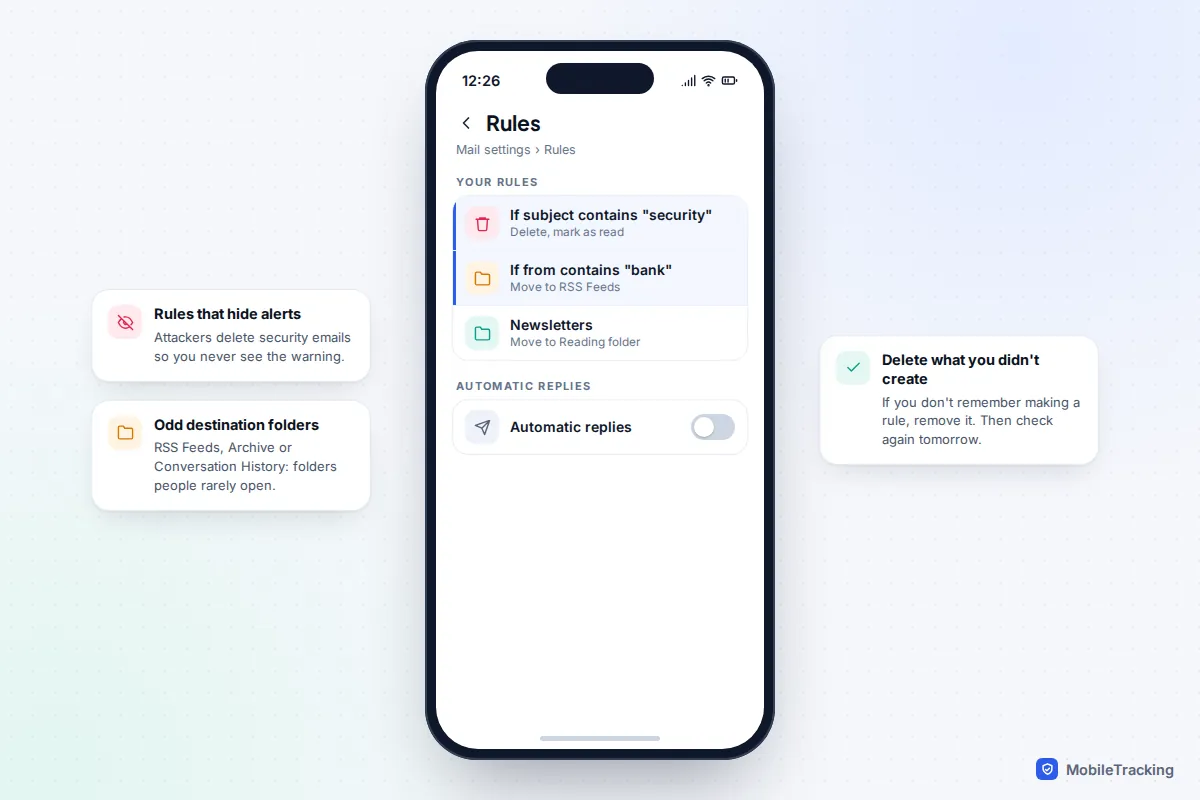 Mail rules screen with two highlighted rules: one deleting emails with security in the subject and one moving bank emails to RSS Feeds