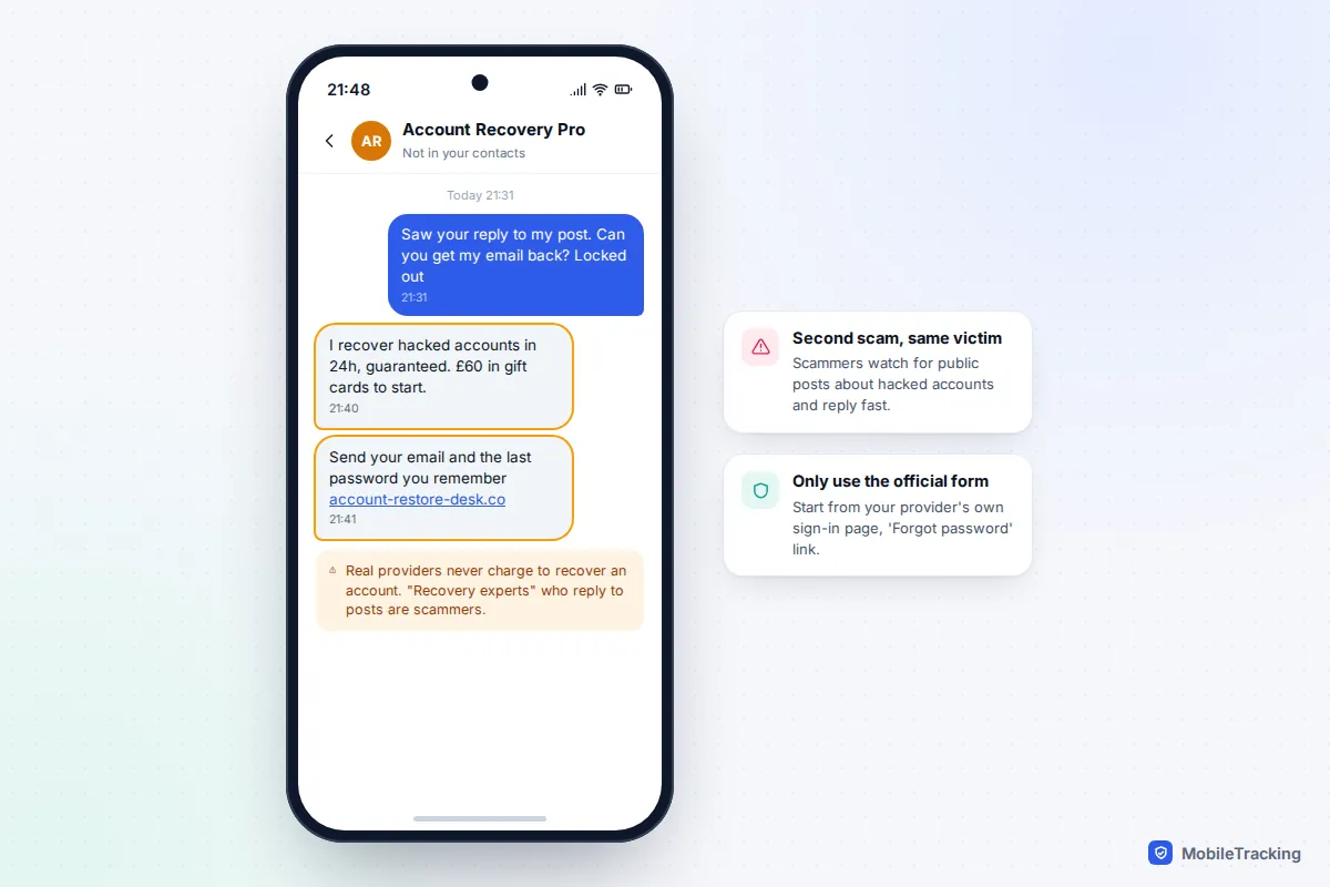 Chat from a stranger calling themselves Account Recovery Pro asking for gift cards and the victim's last password