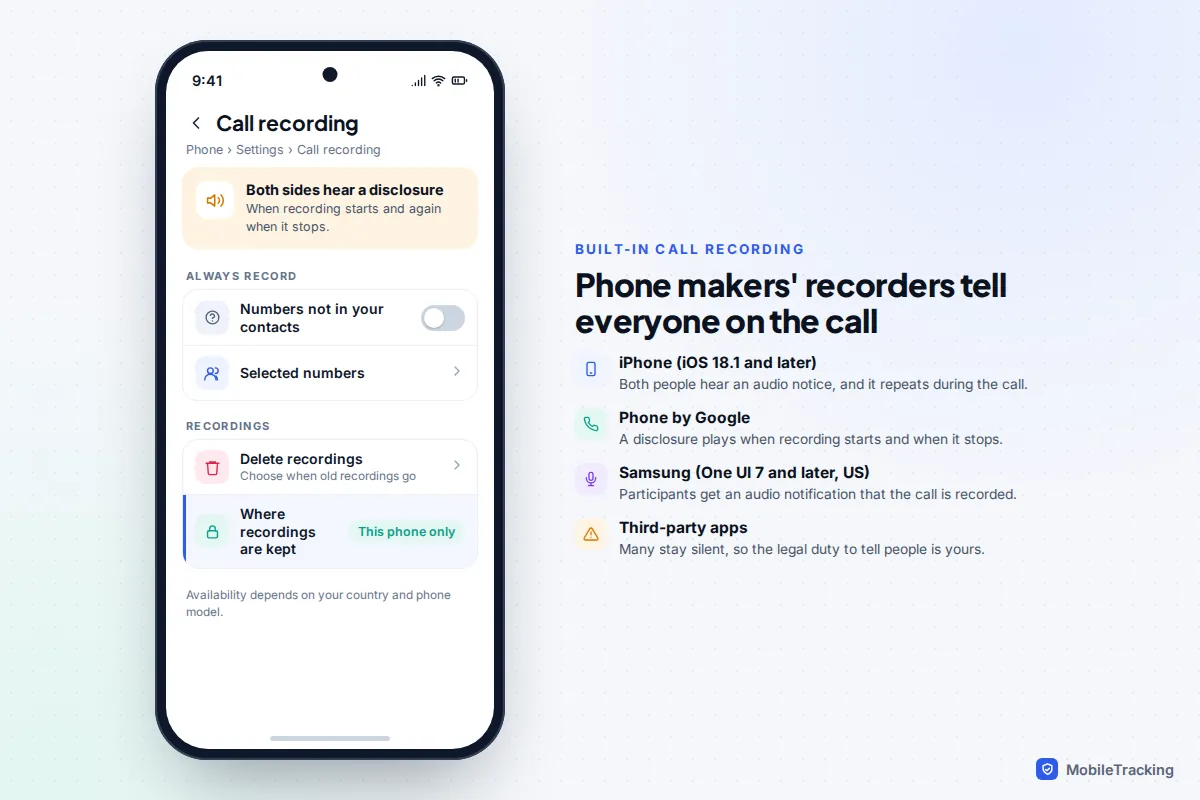 Android phone call recording settings screen beside a summary of how iPhone, Google and Samsung recorders notify callers