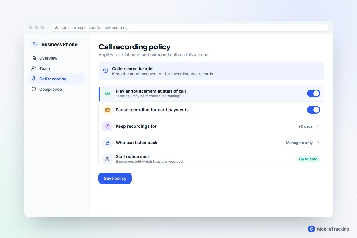Business phone system admin page showing a call recording policy with an announcement played at the start of calls