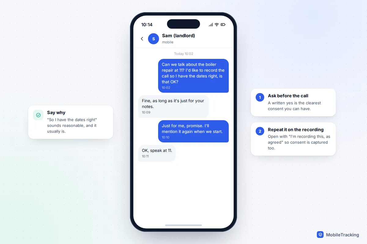 Text message conversation in which a tenant asks a landlord for permission to record a phone call and gets a clear yes