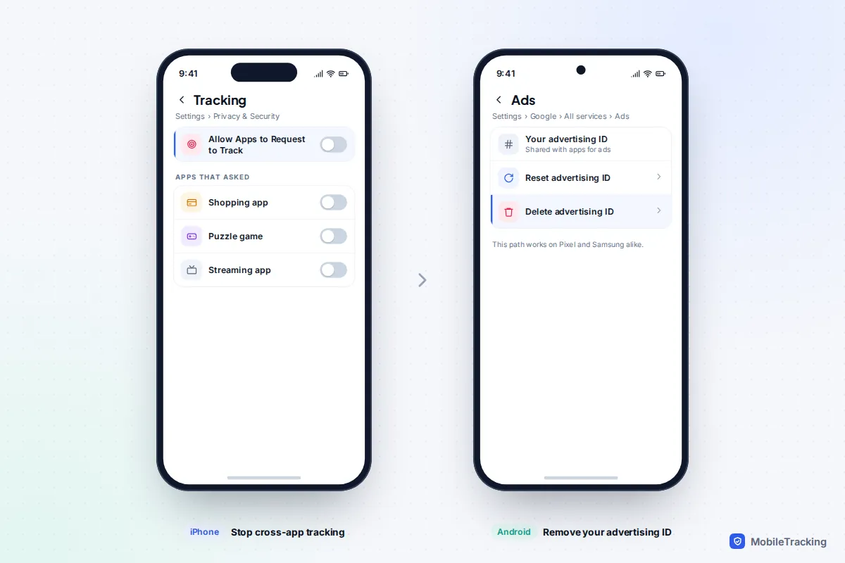 iPhone Tracking settings with app tracking requests switched off beside Android Ads settings with Delete advertising ID highlighted