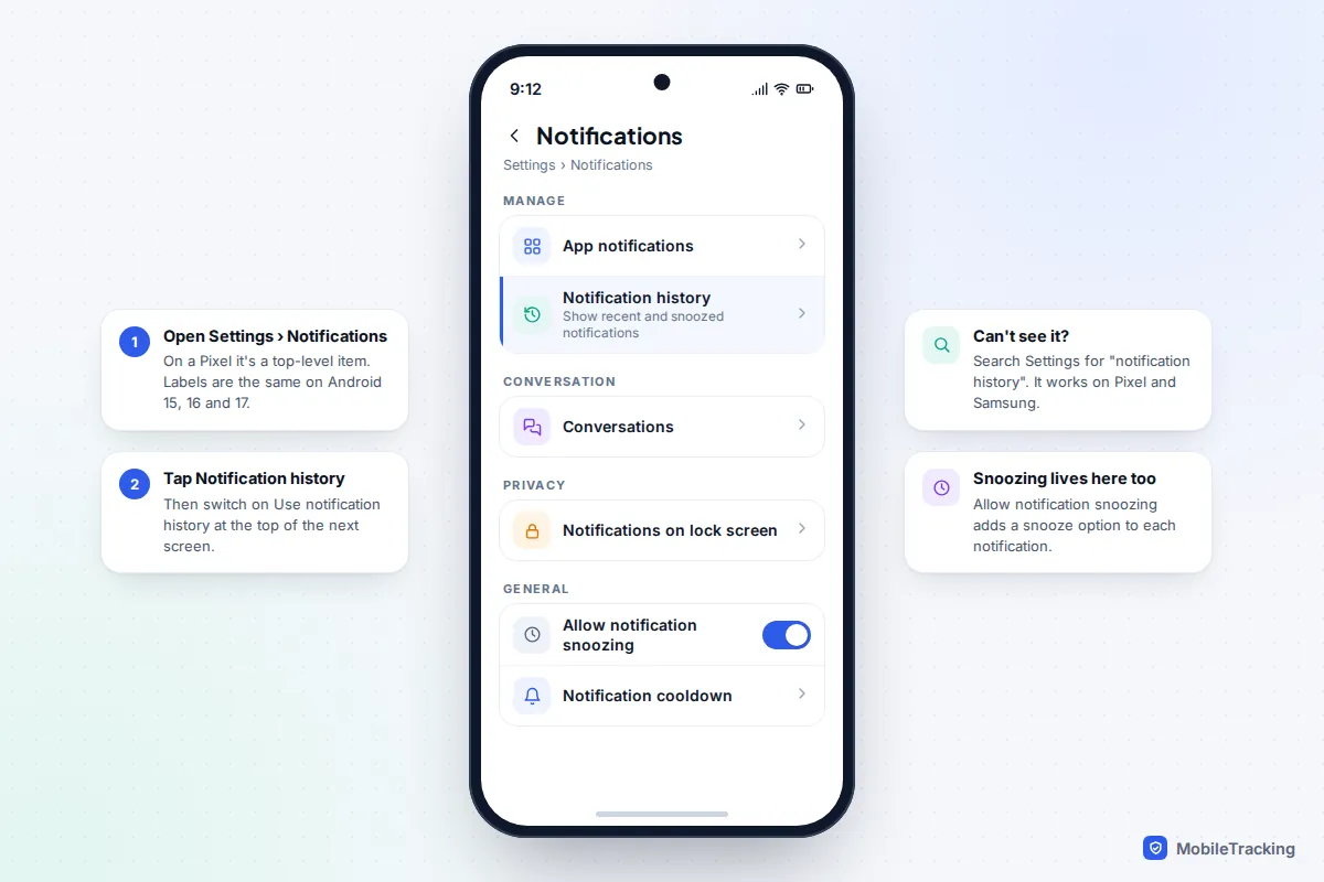 Pixel Notifications settings screen with the Notification history option highlighted and snoozing switched on