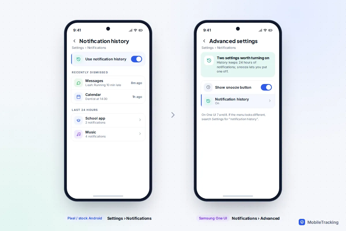 Two Android phones comparing the notification history screen on a Pixel with the Advanced settings screen on a Samsung Galaxy