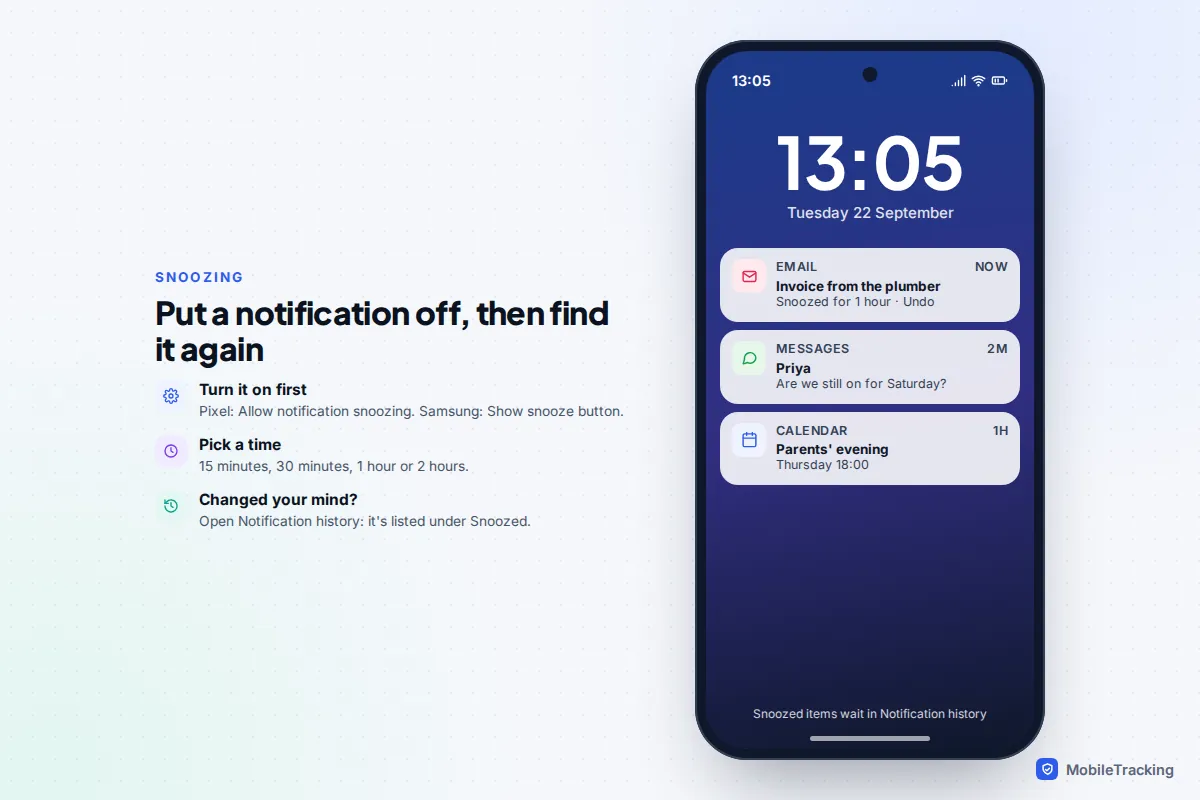 Android lock screen with a snoozed email notification next to tips on enabling snoozing and choosing a snooze time