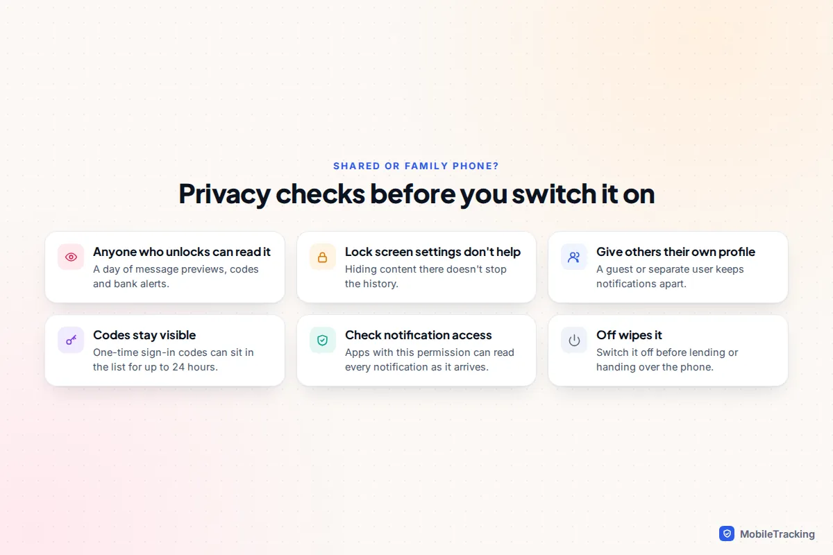Checklist of six privacy considerations for using notification history on a shared or family Android phone