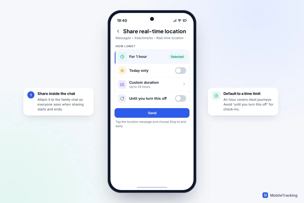 Android Google Messages real-time location duration choices with For 1 hour selected