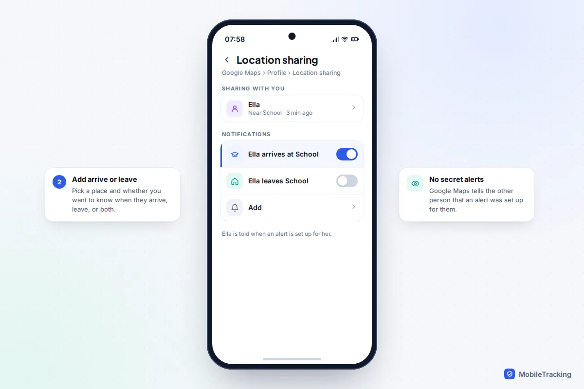 Google Maps location sharing screen with an arrival notification for school switched on