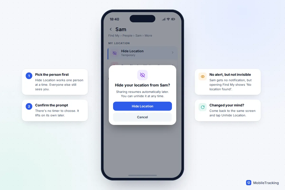 iPhone Find My person card with the Hide Location option and a confirmation prompt that sharing resumes automatically