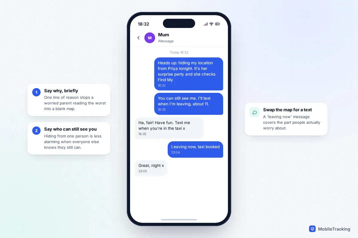 Message thread in which someone tells their mum they are pausing location for a surprise party and will text when leaving