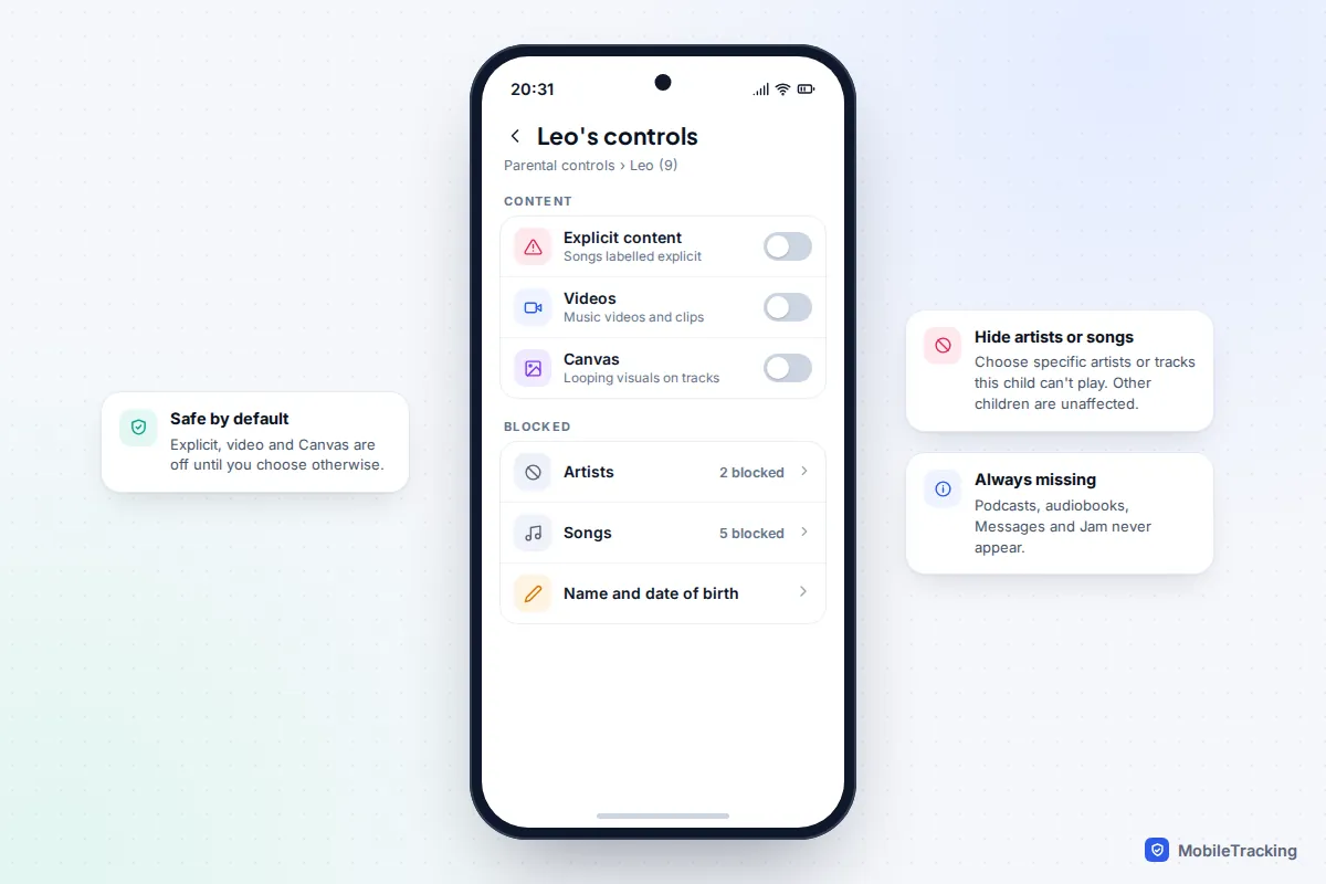 Android parental controls for a managed account with explicit content, videos and Canvas switched off and blocked artists listed