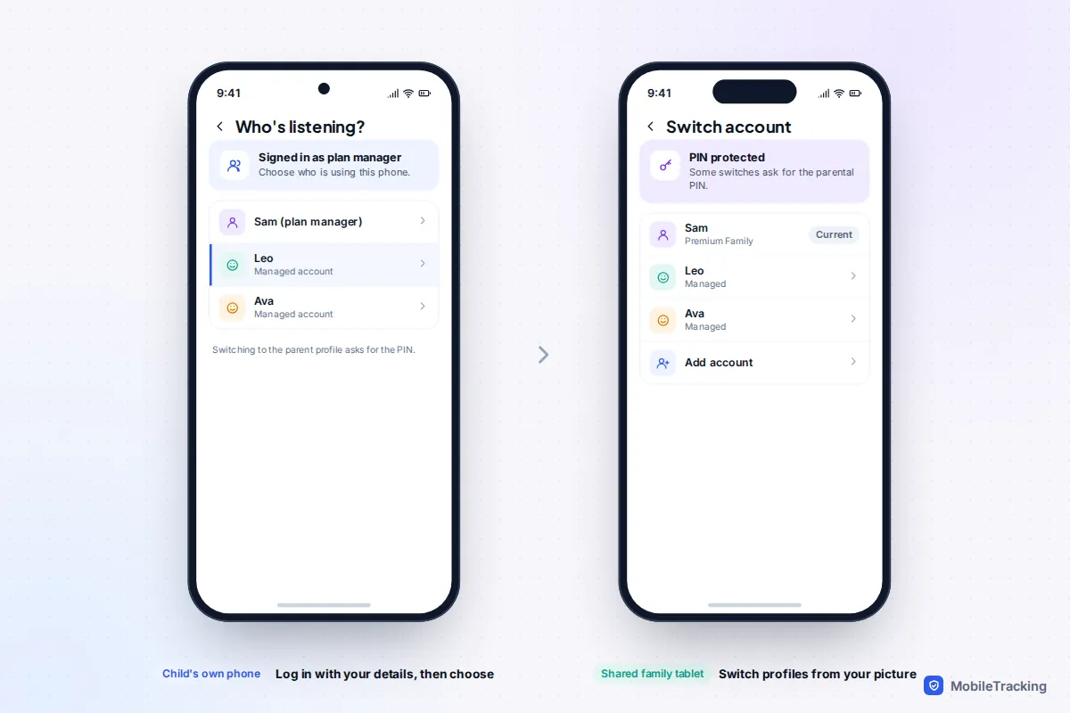 Two phones showing the Who's listening screen on a child's device and the account switcher on a shared tablet