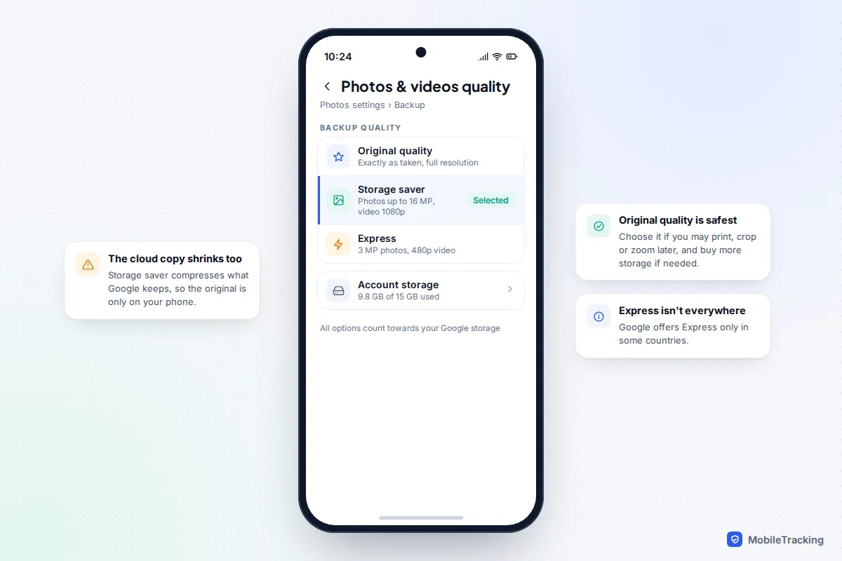 Android Google Photos backup quality screen with Original quality, Storage saver and Express options