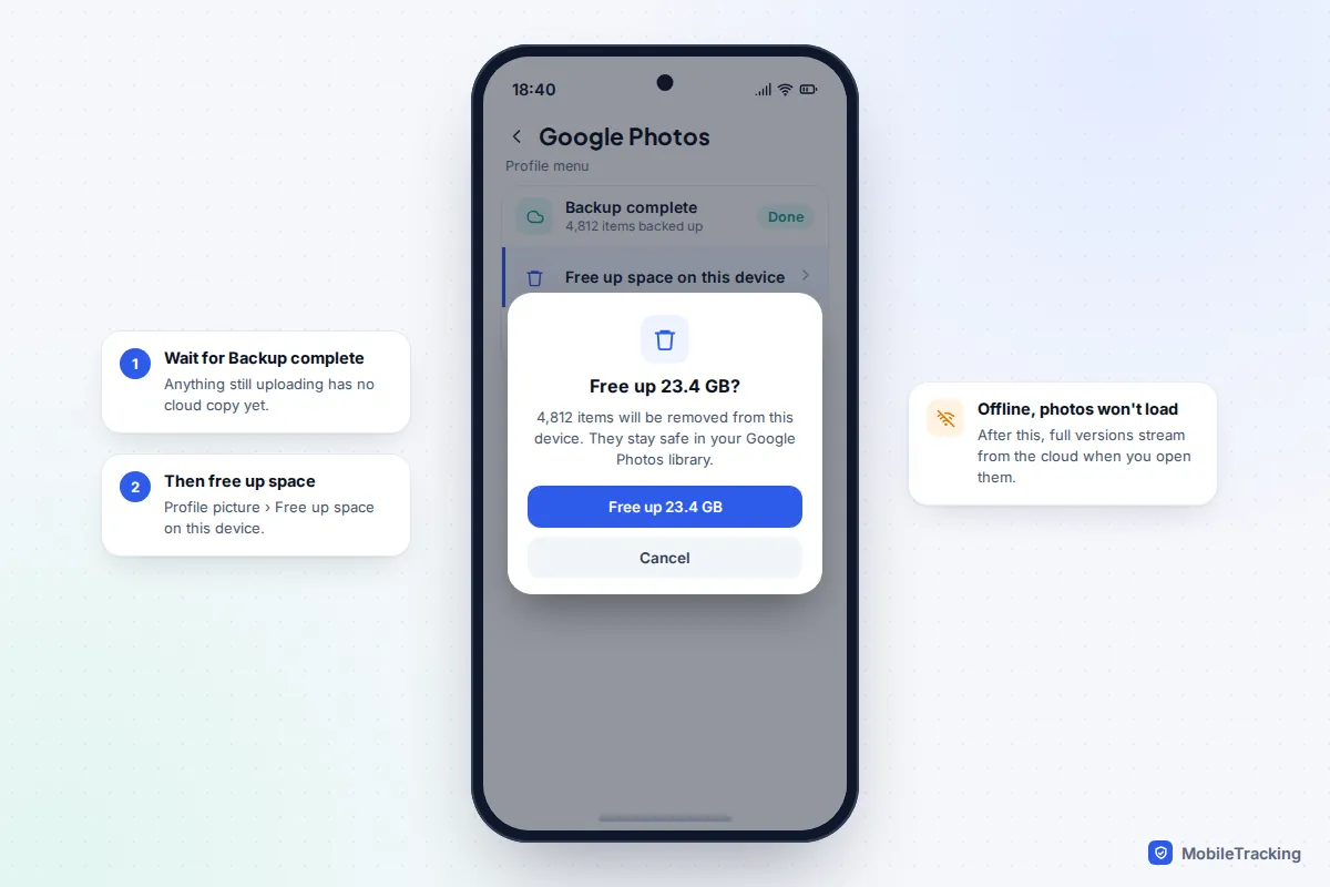Android Google Photos dialog offering to free up space by removing backed-up items from the device