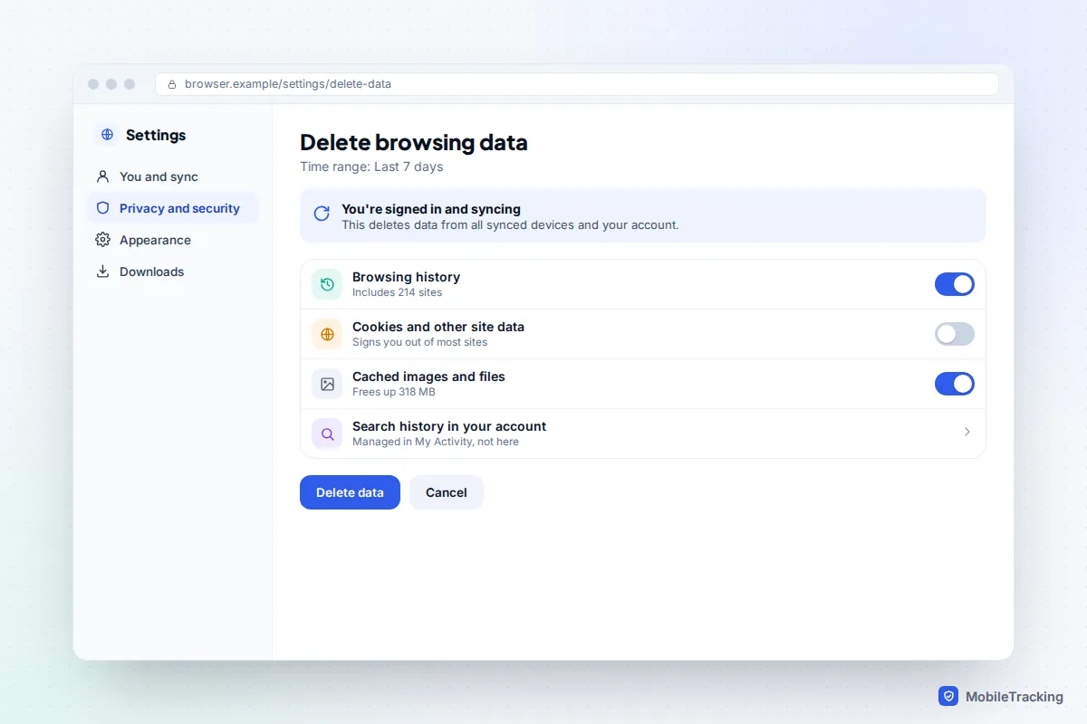 Desktop Chrome Delete browsing data window with Last 7 days selected and a note that signed-in data is removed from synced devices