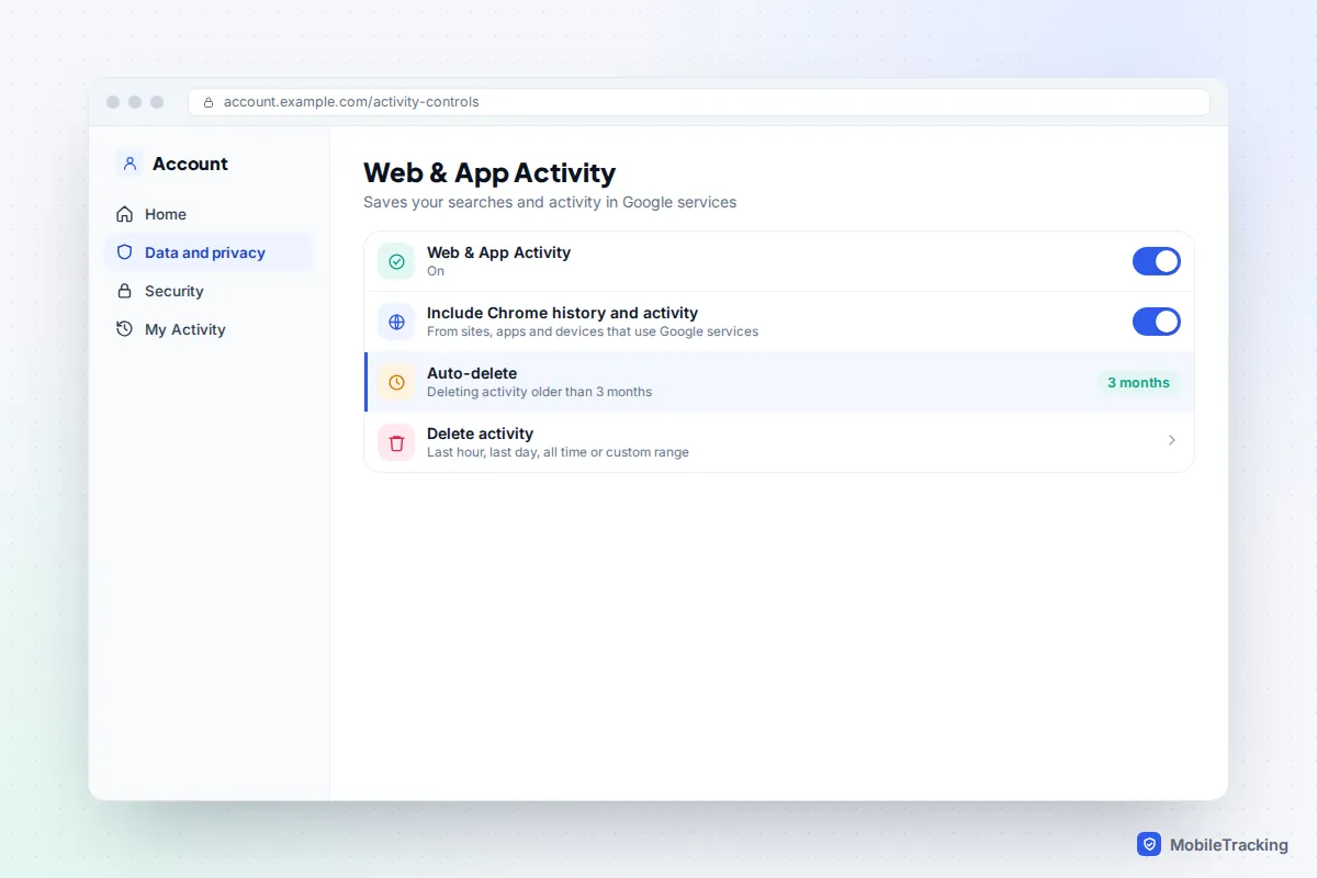 Google account Web and App Activity page with auto-delete set to 3 months and the Chrome history checkbox