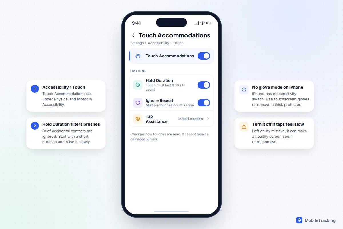 iPhone Touch Accommodations settings screen with Hold Duration, Ignore Repeat and Tap Assistance options switched on