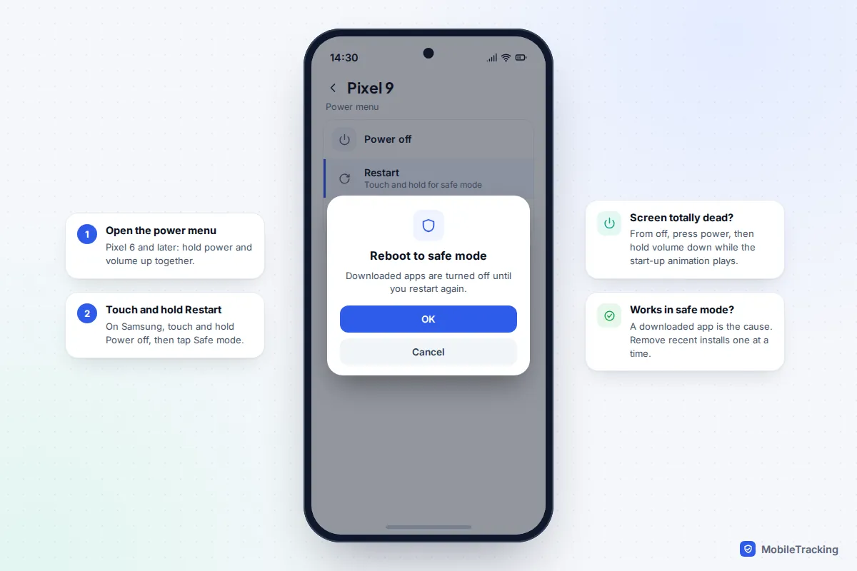 Pixel power menu with a Reboot to safe mode confirmation dialog explaining that downloaded apps will be turned off