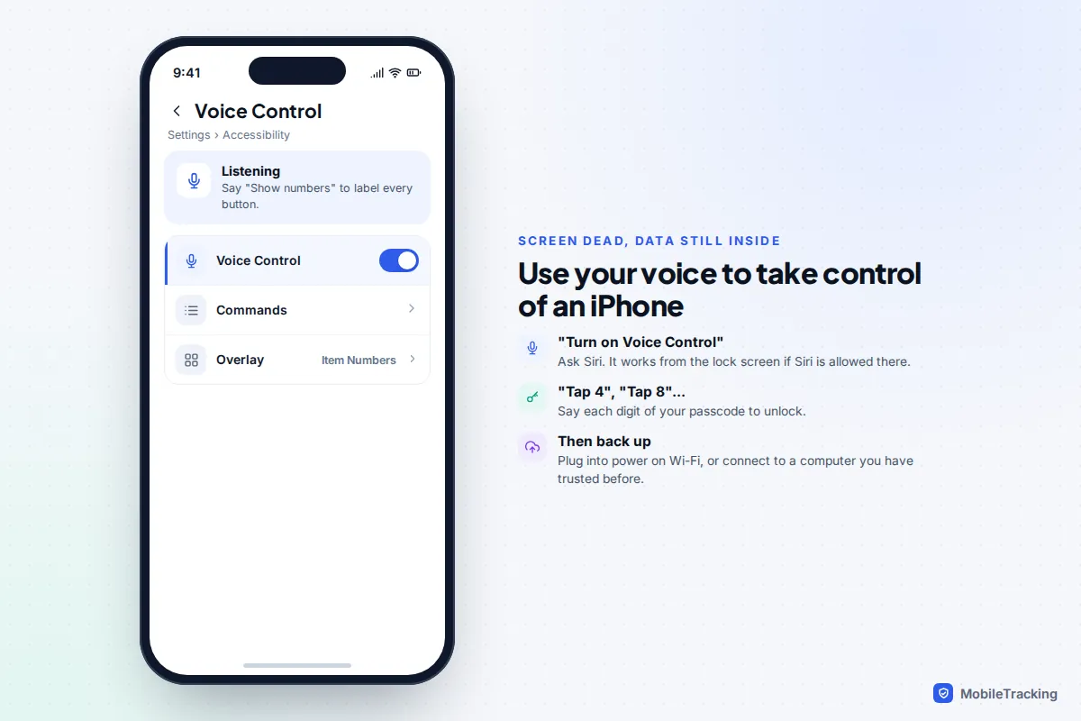 iPhone Voice Control settings with the Item Numbers overlay and three spoken steps to unlock the phone and back it up