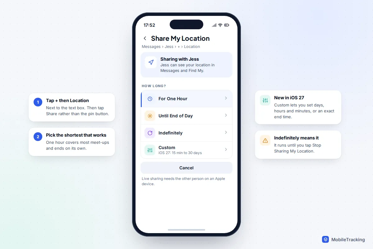 iPhone Messages location sheet with For One Hour, Until End of Day, Indefinitely and Custom duration options