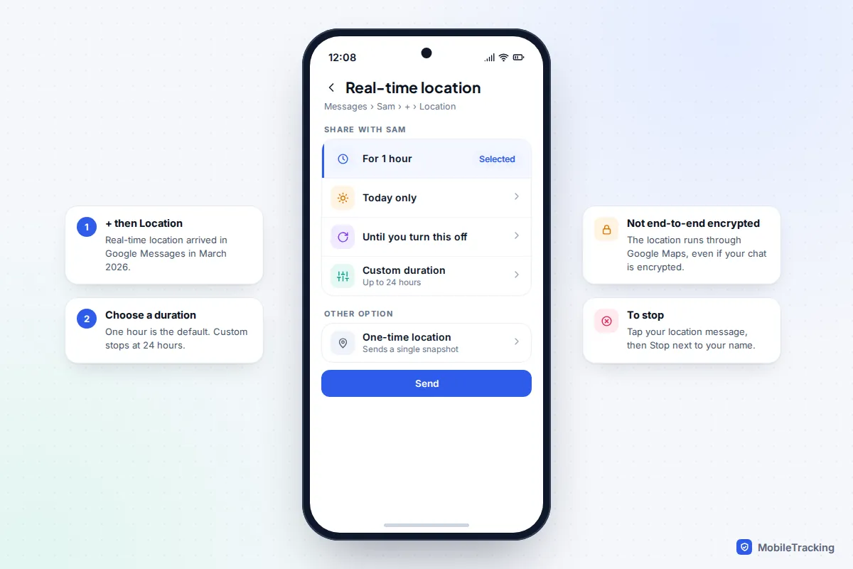 Android Google Messages real-time location screen with For 1 hour, Today only, Until you turn this off and Custom duration