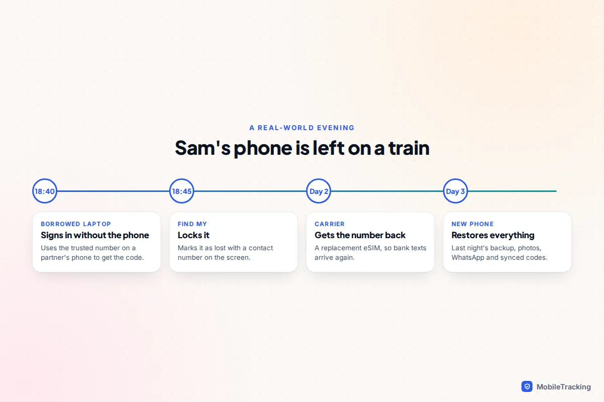 Timeline of a lost phone on a train: signing in with a trusted number, locking the phone, getting the number back and restoring on a new phone