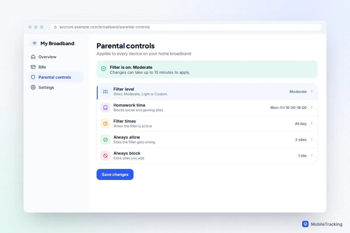 Broadband account page showing parental control filter levels with Moderate selected and a homework time schedule