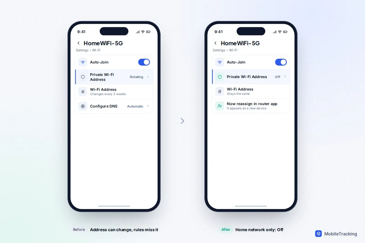 iPhone Wi-Fi network settings before and after changing Private Wi-Fi Address from Rotating to Off