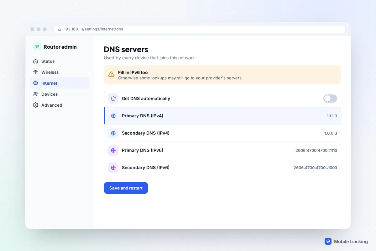 Router admin page with automatic DNS switched off and family filter addresses entered for IPv4 and IPv6