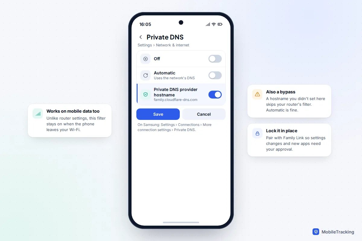 Android Private DNS screen with a family filter hostname entered as the private DNS provider