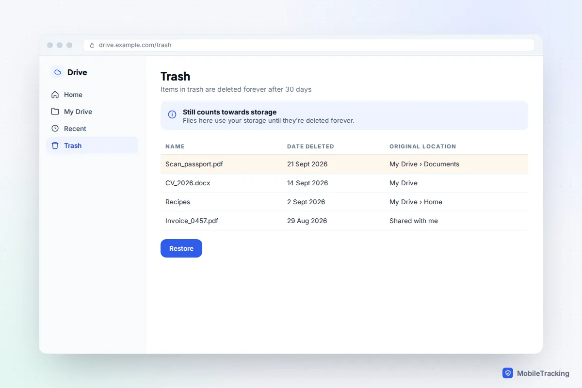 Cloud storage Trash page listing a passport scan, a CV, a recipes folder and an invoice with deletion dates and original locations