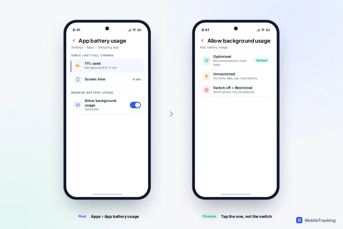 Two Pixel screens showing an app with six hours of background battery use and the Allow background usage options Optimised, Unrestricted and Restricted