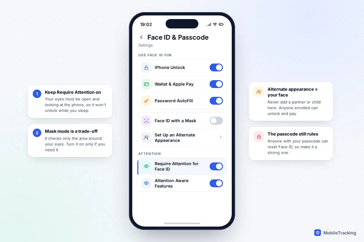 iPhone Face ID and Passcode settings with Require Attention for Face ID switched on, Face ID with a Mask off and the Set Up an Alternate Appearance option