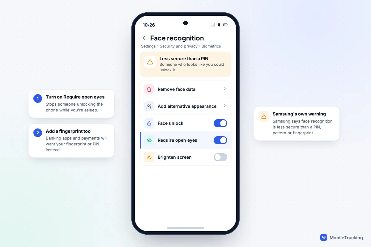 Samsung Galaxy face recognition settings with a warning that it is less secure than a PIN and Require open eyes switched on