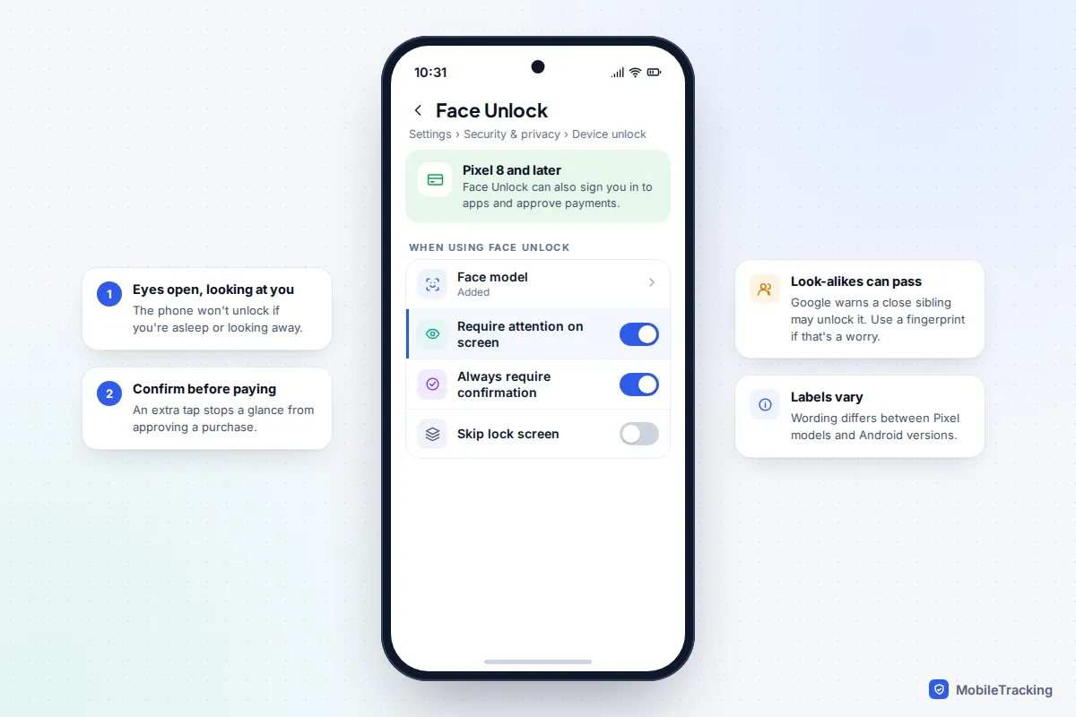 Pixel Face Unlock settings with Require attention on screen and Always require confirmation turned on and Skip lock screen off
